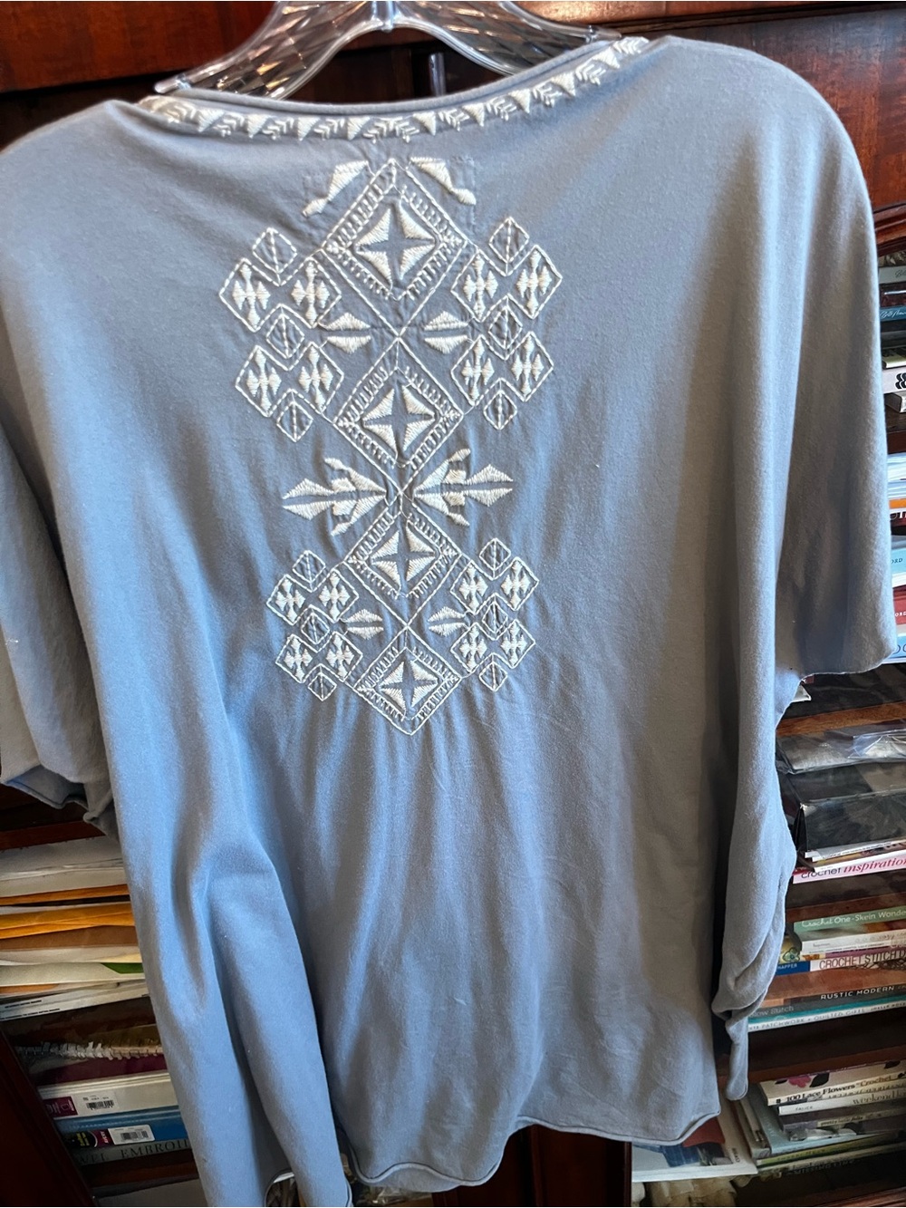 Embroidered V-Neck Women’s Top - Gray with Pink Floral Panel - Picture 2 of 2
